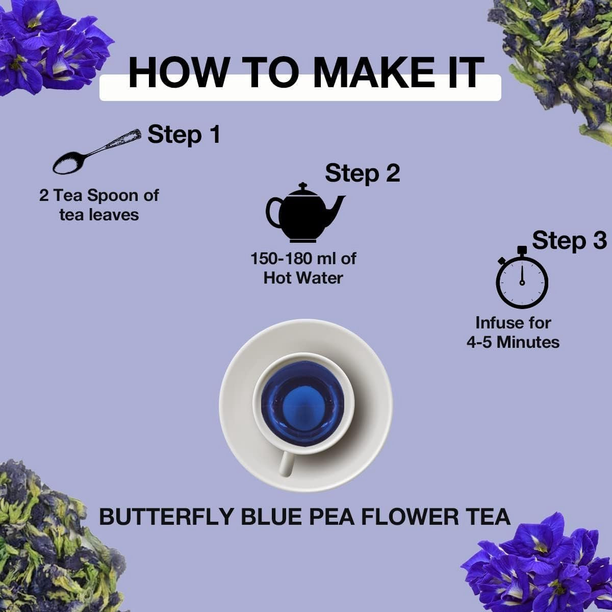 Butterfly Blue Pea Flower Tea - 100% Natural Herbal Tea | Rich in Antioxidants, Supports Weight Loss & Blood Sugar | 12-Month Shelf Life with Kajal Sticker