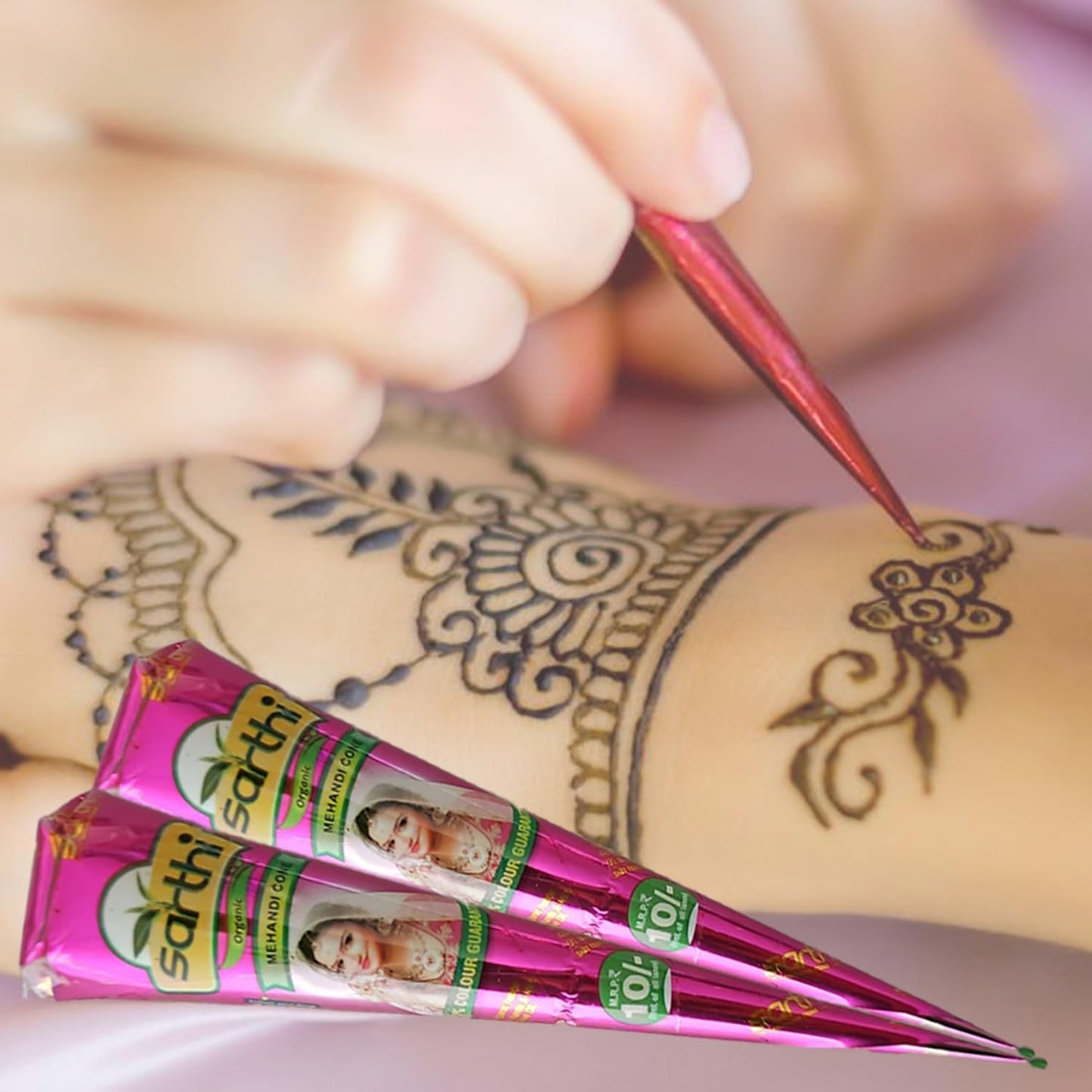Sarthi 100% Natural Henna Mehendi  6x Paste Cones (Red-Brown) 250 g - No Mixture, No PPD - Skin-friendly & Safe - Perfect for Body Art & Traditional Designs