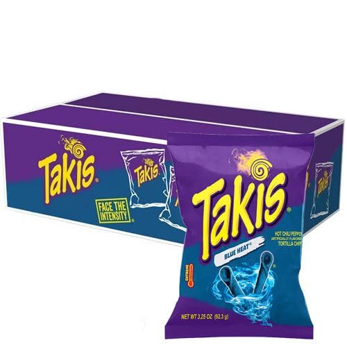 18 x Takis Blue Heat 100 g | Extra scharfe Tortilla Chips mit Chili-Geschmack | Veganer Party-Snack aus Mexiko | Knusprig, würzig & intensiv blau Mit Kajal Sticker
