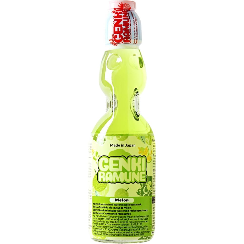 Genki Ramune Limonadenmischung, 6 x 200 ml – Japanische Erfrischungsgetränke | Blaubeere, Erdbeere, Melone, Orange, Ananas, Original | Kohlensäurehaltig, Partygetränk, Limonade | Hergestellt in Japan mit Kajal-Aufkleber