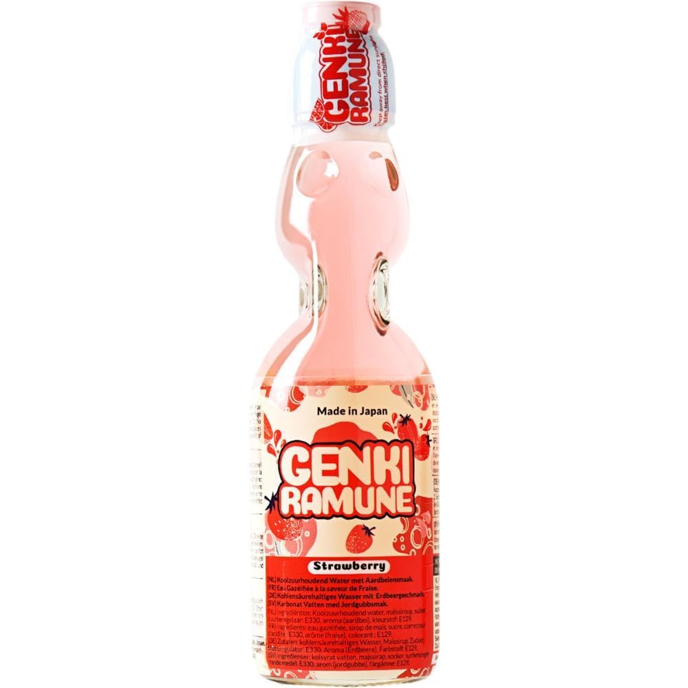 Genki Ramune Limonadenmischung, 6 x 200 ml – Japanische Erfrischungsgetränke | Blaubeere, Erdbeere, Melone, Orange, Ananas, Original | Kohlensäurehaltig, Partygetränk, Limonade | Hergestellt in Japan mit Kajal-Aufkleber