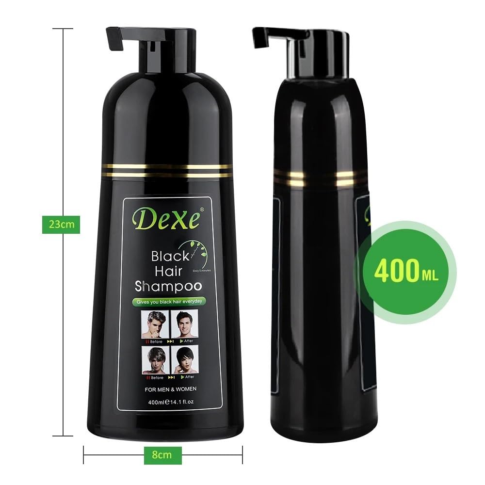 Dexe Black Hair Shampoo 400 ml – Schnelle Haarfärbung in 5 Minuten, Ammoniakfrei, Langanhaltend & Glänzend | Natürliche Kräuterformel mit Ginseng, Ingwer & Reishi | Sanftes Schwarzhaar-Shampoo mit Kajal-Sticker