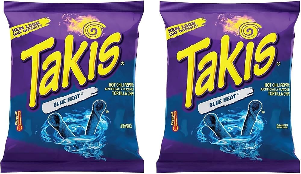 18 x Takis Blue Heat 100 g | Extra scharfe Tortilla Chips mit Chili-Geschmack | Veganer Party-Snack aus Mexiko | Knusprig, würzig & intensiv blau Mit Kajal Sticker
