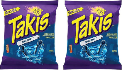 18 x Takis Blue Heat 100 g | Extra scharfe Tortilla Chips mit Chili-Geschmack | Veganer Party-Snack aus Mexiko | Knusprig, würzig & intensiv blau Mit Kajal Sticker