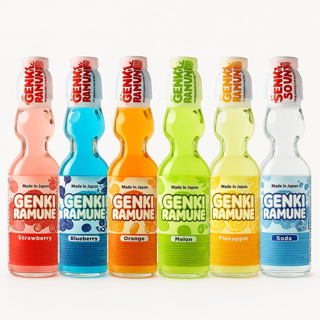 Genki Ramune Limonadenmischung, 6 x 200 ml – Japanische Erfrischungsgetränke | Blaubeere, Erdbeere, Melone, Orange, Ananas, Original | Kohlensäurehaltig, Partygetränk, Limonade | Hergestellt in Japan mit Kajal-Aufkleber