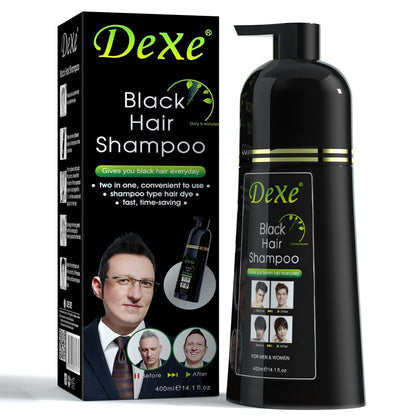 Dexe Black Hair Shampoo 400 ml – Schnelle Haarfärbung in 5 Minuten, Ammoniakfrei, Langanhaltend & Glänzend | Natürliche Kräuterformel mit Ginseng, Ingwer & Reishi | Sanftes Schwarzhaar-Shampoo mit Kajal-Sticker