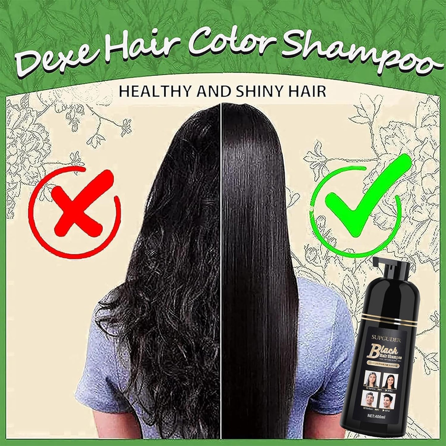 Dexe Black Hair Shampoo 400 ml – Schnelle Haarfärbung in 5 Minuten, Ammoniakfrei, Langanhaltend & Glänzend | Natürliche Kräuterformel mit Ginseng, Ingwer & Reishi | Sanftes Schwarzhaar-Shampoo mit Kajal-Sticker