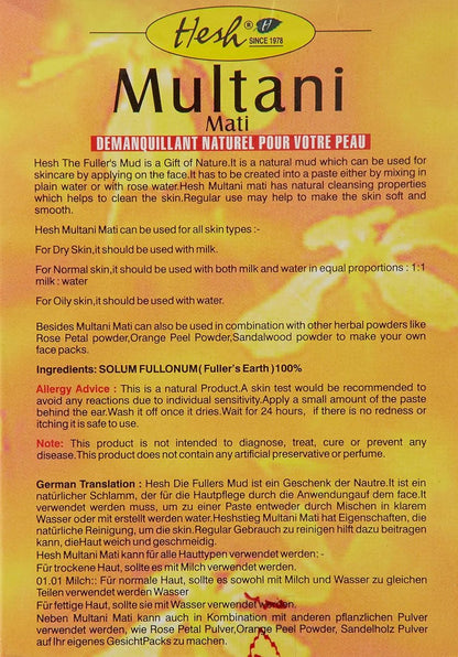 Hesh Multani Mati 100 g – Natürliches Gesichtsmaskenpulver mit Fuller's Earth | Reinigt, pflegt und erfrischt | Für trockene, normale und fettige Haut | Macht die Haut weich, glatt und strahlend | Natürlicher Reiniger mit Kajal-Sticker