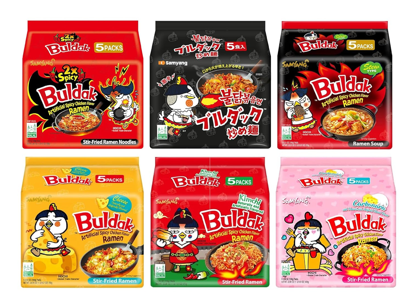 Samyang Buldak Ramen Mix 6 x 5 Stück – Original Koreanische Instant-Nudeln | Feurig Scharf, Würzig & Herzhaft | Schnell zubereitet in nur 5 Minuten | Perfekt für Ramen-Liebhaber met Kajal Sticker