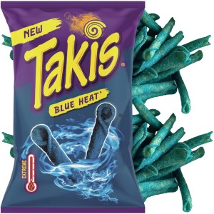 18 x Takis Blue Heat 100 g | Extra scharfe Tortilla Chips mit Chili-Geschmack | Veganer Party-Snack aus Mexiko | Knusprig, würzig & intensiv blau Mit Kajal Sticker