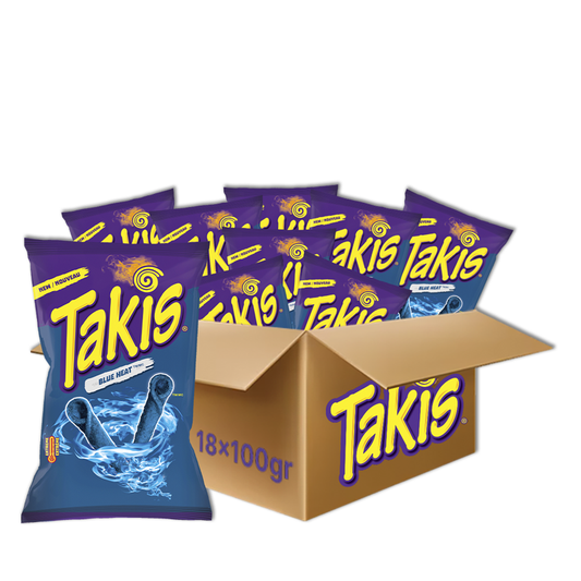 18 x Takis Blue Heat 100 g | Extra scharfe Tortilla Chips mit Chili-Geschmack | Veganer Party-Snack aus Mexiko | Knusprig, würzig & intensiv blau Mit Kajal Sticker